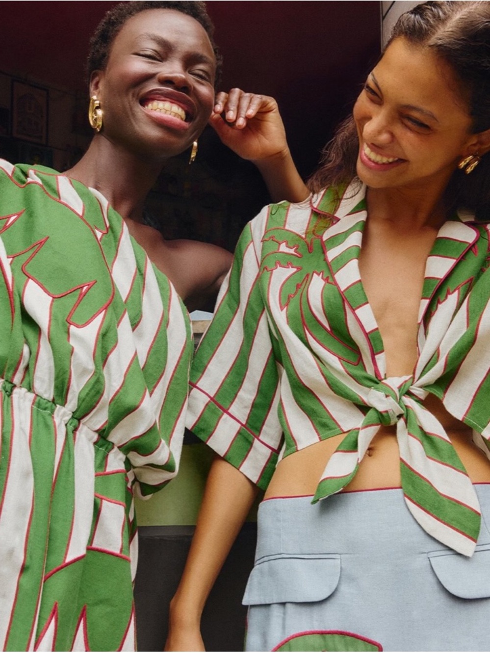 FARM Rio Green Palm Embroidered Linen Stripes Self-Tie Cropped Top Size XL NWT - Picture 14 of 16